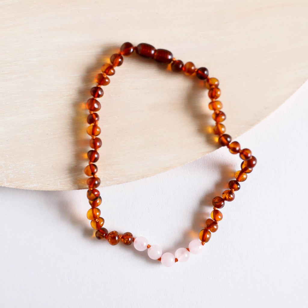 CanyonLeaf Polished Cognac Amber + Rose Quartz Necklace
