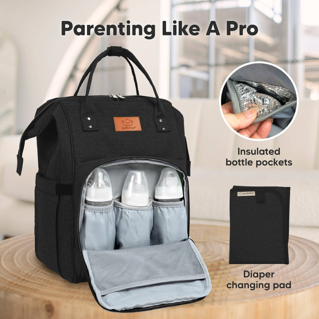 KeaBabies Original Diaper Bag Backpack with Changing Pad - Trendy Black