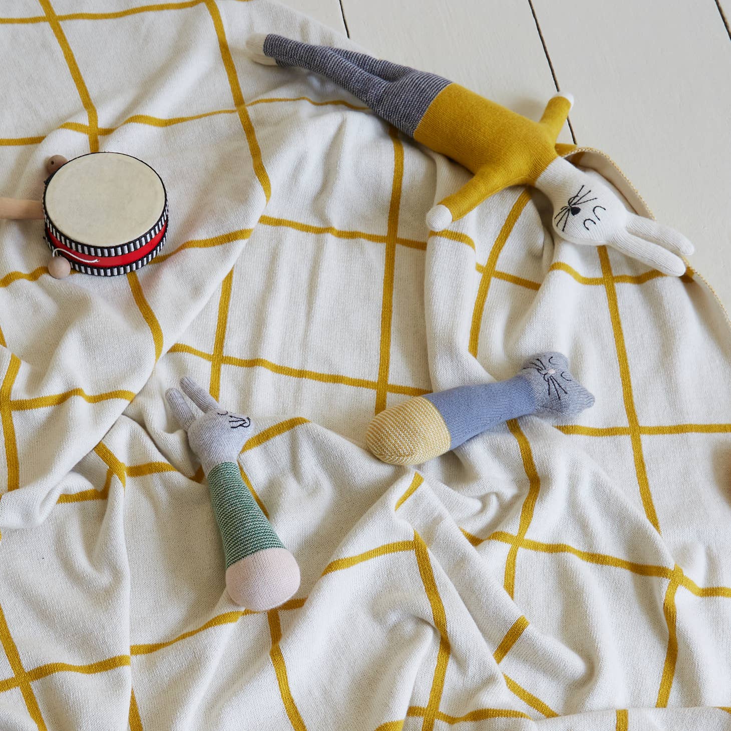 Sophie Home Cotton Knit Stroller Pram Blanket - Yellow Grid