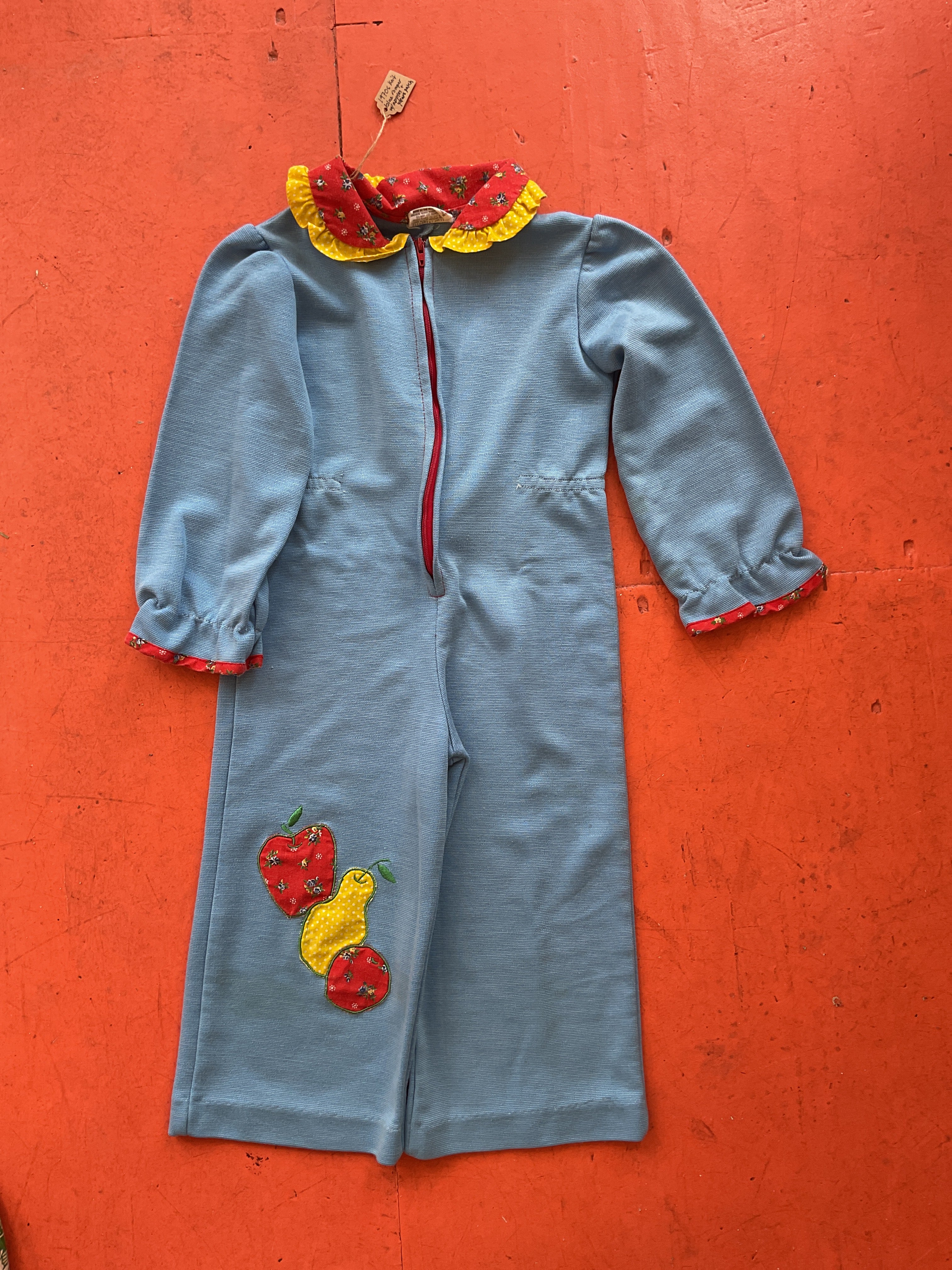 Orphan Darling by Jemima Kirke - 1970s Knit Blue Romper w/ Apples & Pears Patch