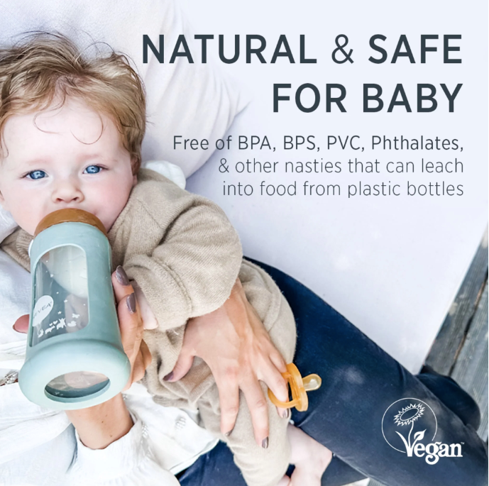 Hevea Wide Neck Baby Glass Bottle with Sleeve 250ml/8.5oz