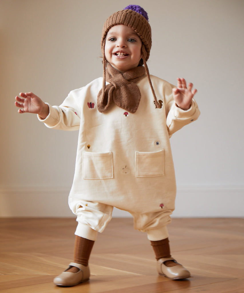 Oeuf Embroidered Terry Romper - Gardenia