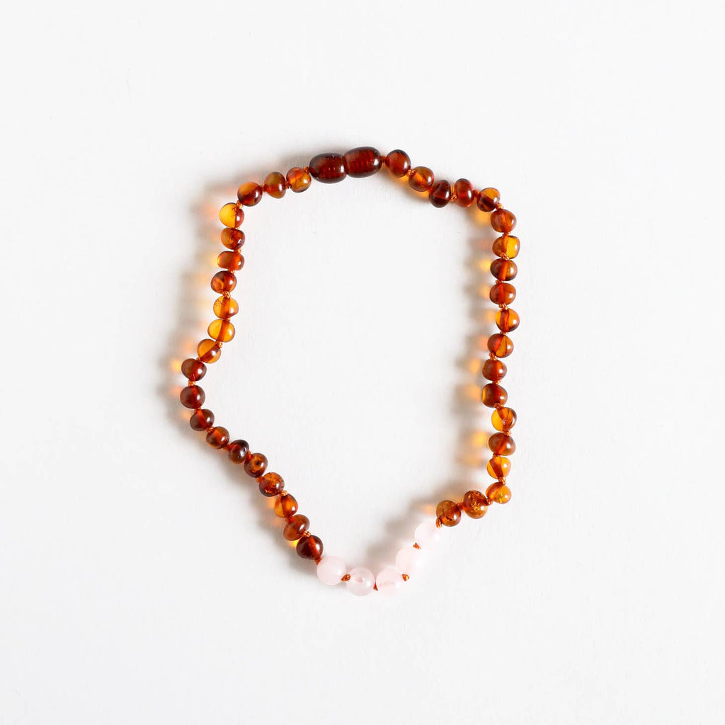 CanyonLeaf Polished Cognac Amber + Rose Quartz Necklace