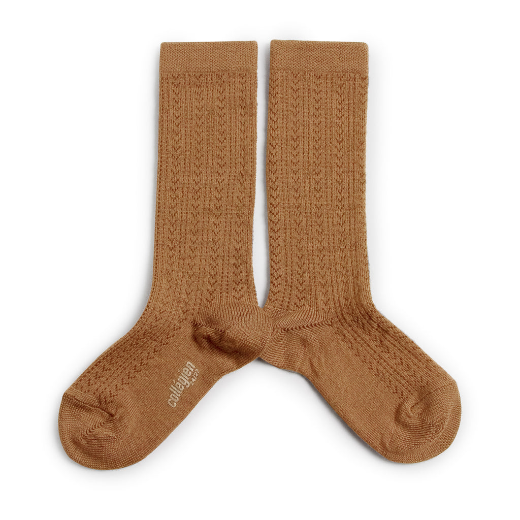 Collegien Adèle Pointelle Merino Wool Knee-high Socks - Caramel au Beurre Salé