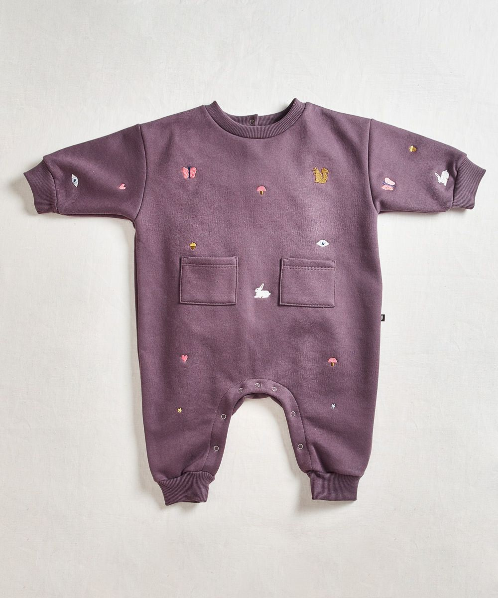 Oeuf Embroidered Terry Romper - Raisin
