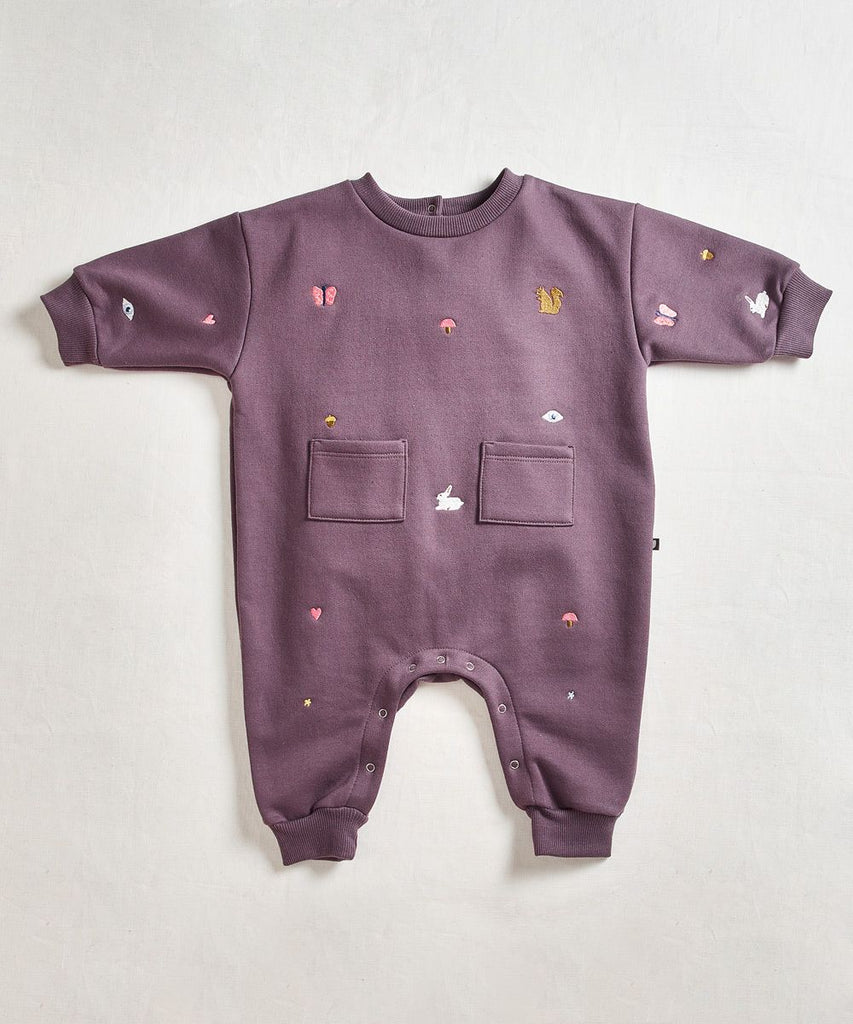 Oeuf Embroidered Terry Romper - Raisin