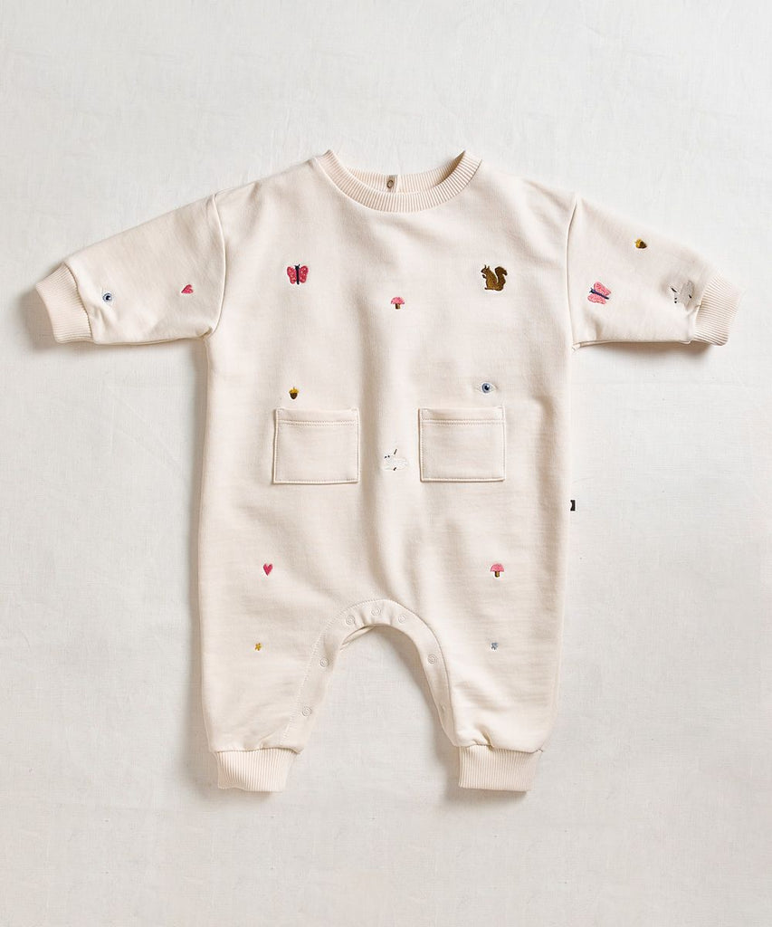 Oeuf Embroidered Terry Romper - Gardenia