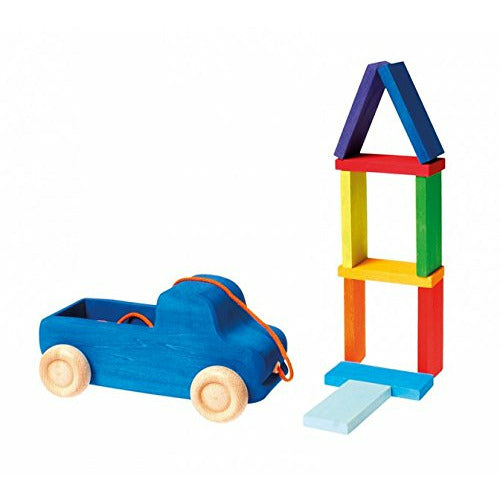 Grimm's Blue Truck Pull Along Toy with XL Color Charts Building Blocks
