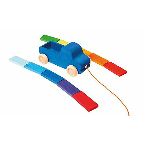 Grimm's Blue Truck Pull Along Toy with XL Color Charts Building Blocks