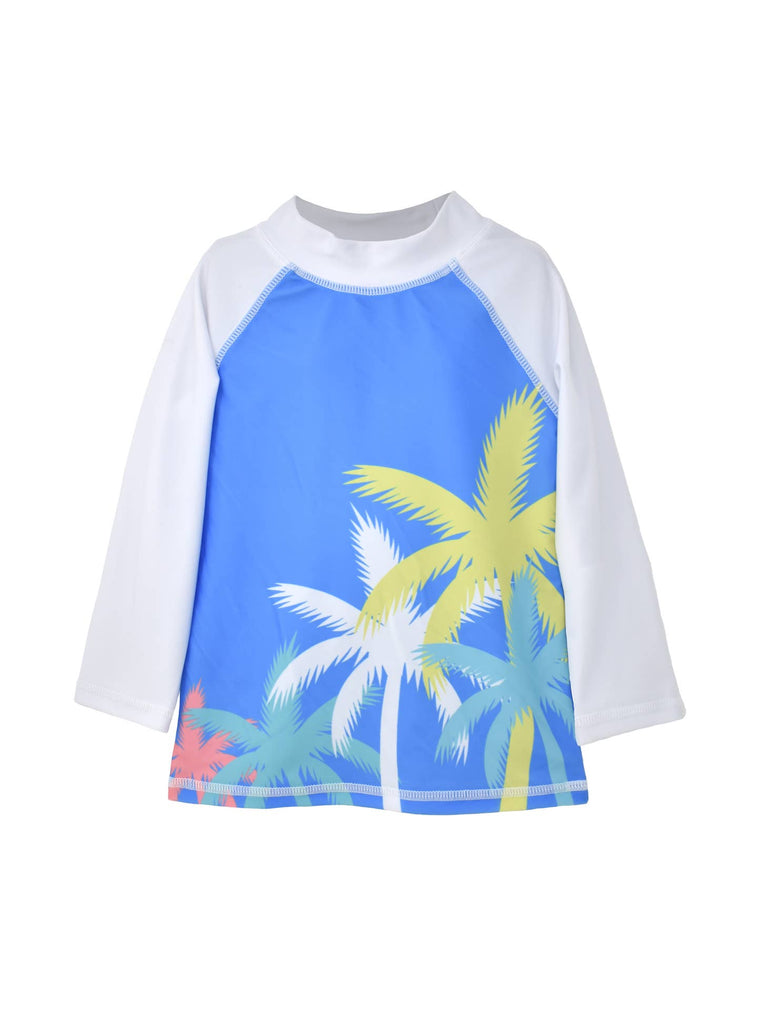 Flap Happy UPF 50+ Graphic Rash Guard Swim Top - Palm Paradise Blue