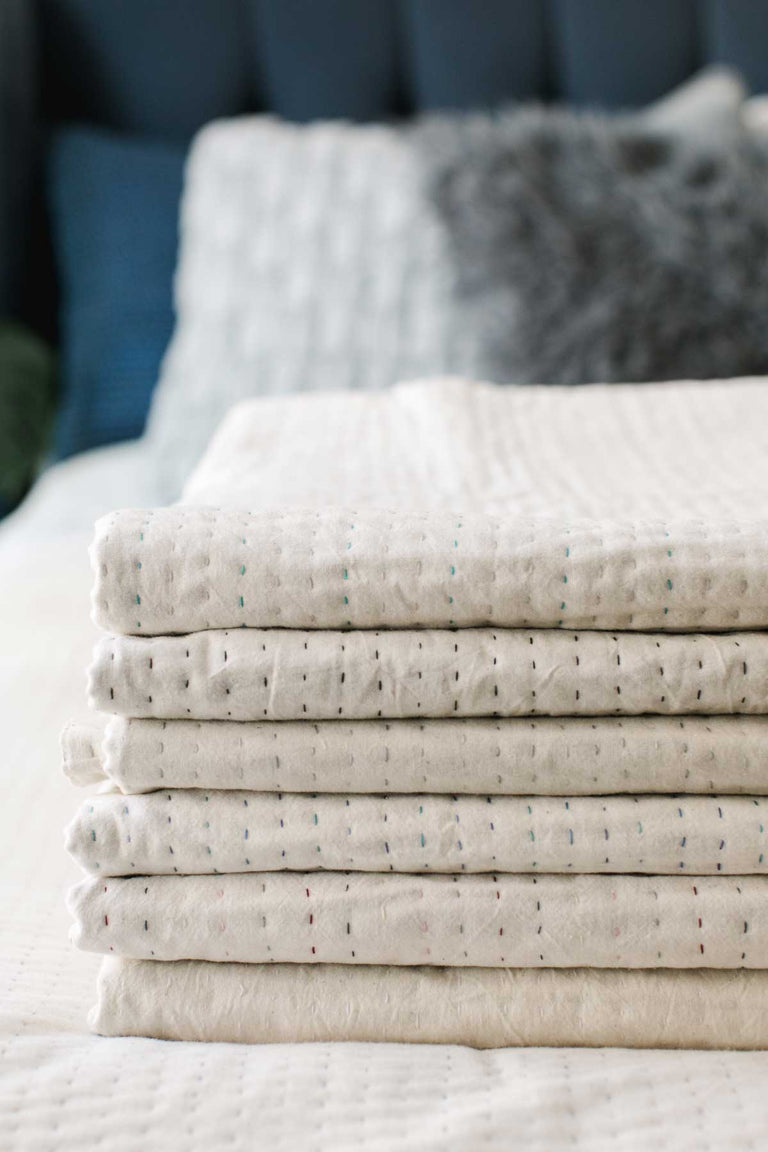 Dignify Simplicity White Kantha Throw  - Natural Stitched
