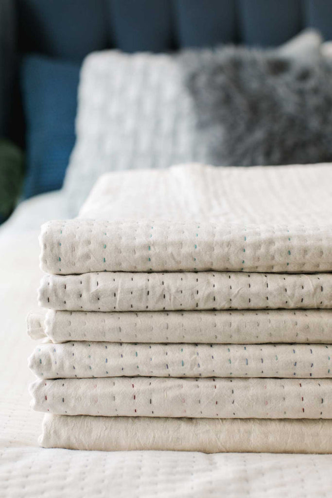 Dignify Simplicity White Kantha Throw  - Natural Stitched