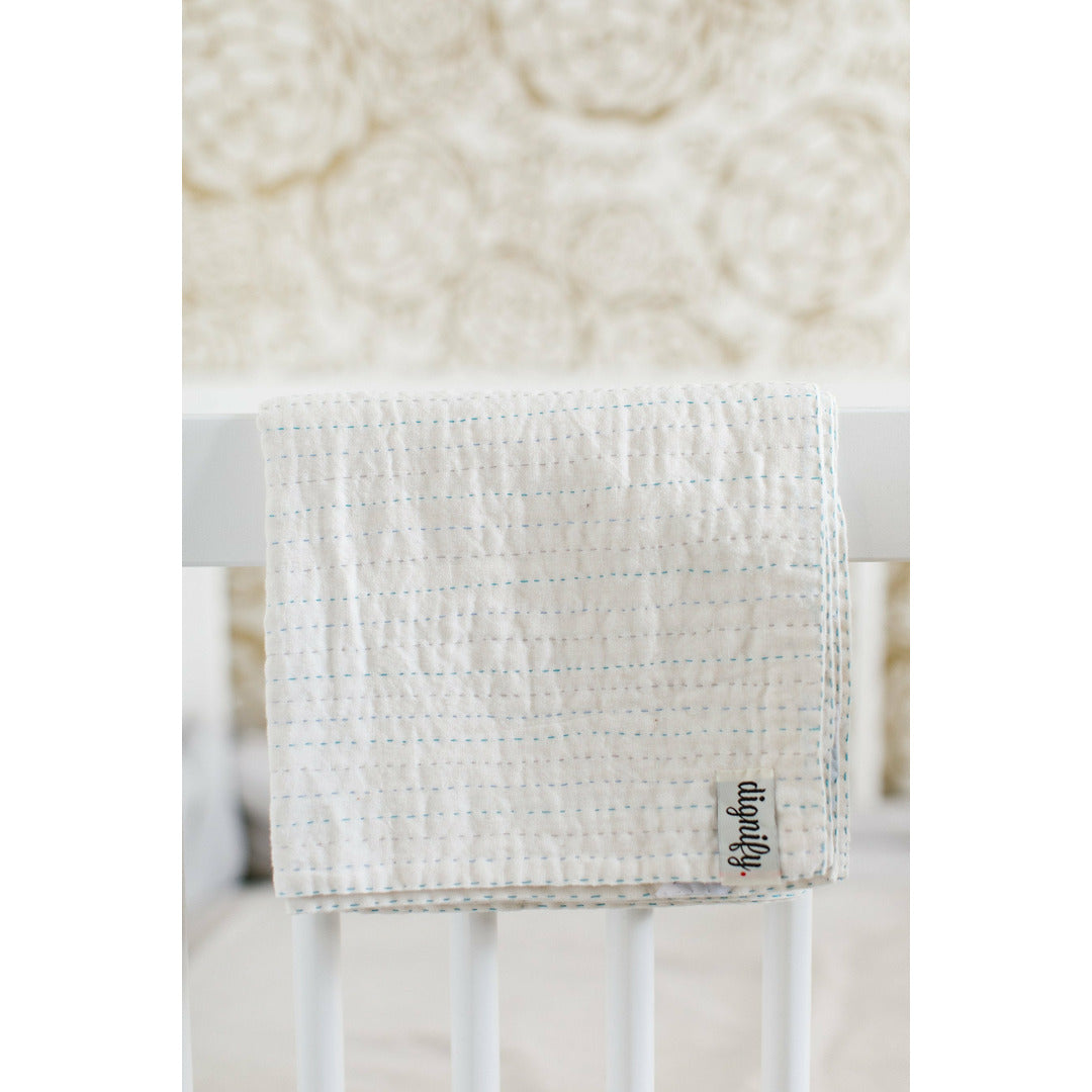 Dignify Kantha baby swaddle, natural, blue hue stitching